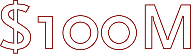 Outlined text reads "$100M" with a dollar sign, the number 100, and an uppercase letter M, all in a bold red font on a light background.