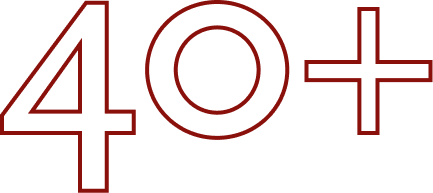 Large, bold, dark red outline of the number "40" followed by a plus sign, on a light grey background.