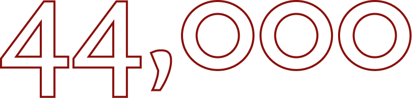 The number "44,000" is displayed in large, bold, red outlined text on a light gray background.