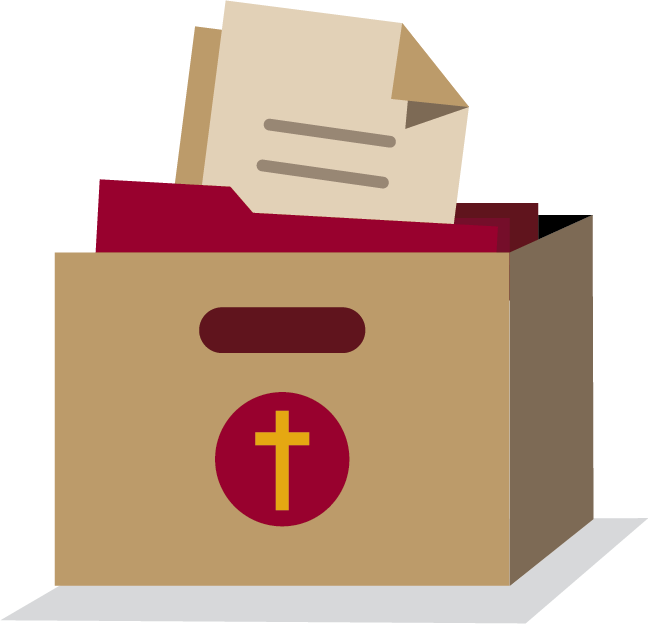 A cardboard box with a red circle and yellow cross on it, containing folders and a sheet of paper with writing.