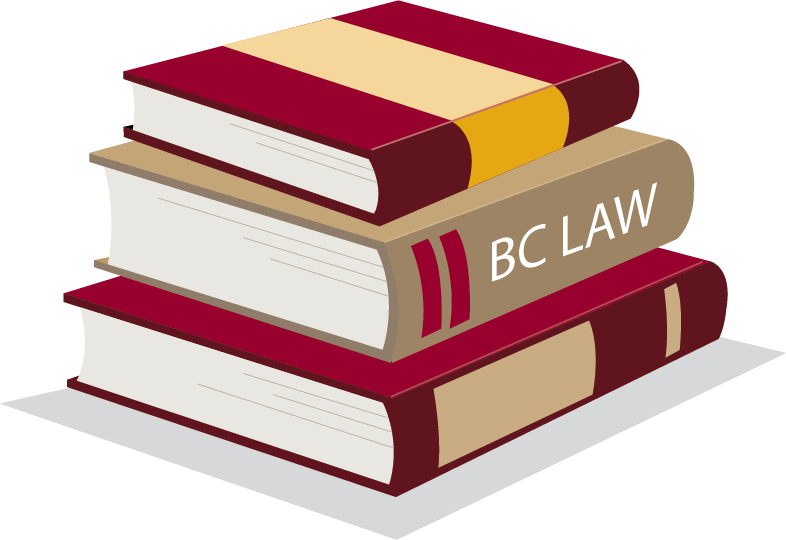 Illustration of three stacked books. The middle book has "BC LAW" written on its spine. The books are colored in shades of maroon, gold, and beige.