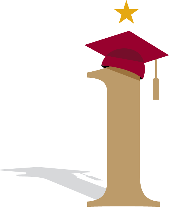 A large golden number one wearing a maroon graduation cap with a tassel, topped by a gold star, casting a shadow on a light background.