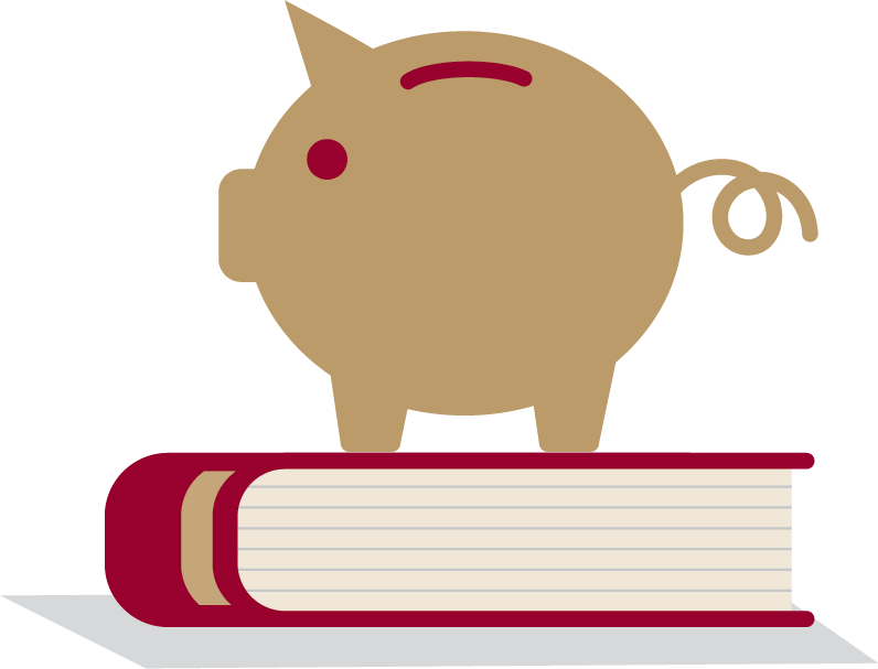 Illustration of a brown piggy bank standing on top of a closed red and white book, symbolizing saving money for education or learning.