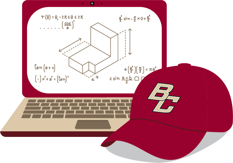 A maroon laptop displaying geometric and trigonometric equations on the screen sits behind a matching maroon cap with the letters "BC" embroidered on the front.