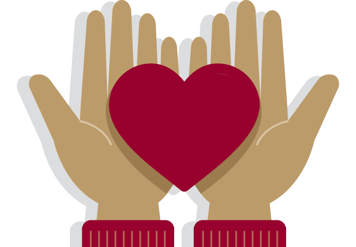 An illustration of two hands with palms facing up, holding a large red heart. The hands appear to be giving or protecting the heart, symbolizing care, love, or support.