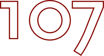 The image shows the number "107" outlined in a bold, dark red line on a light background. The numbers are large and slightly overlap each other, with a minimalist design.
